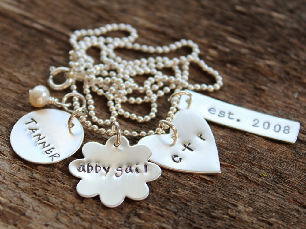 Personalized Family Multi Charm Necklace Hand Stamped Sterling Silver