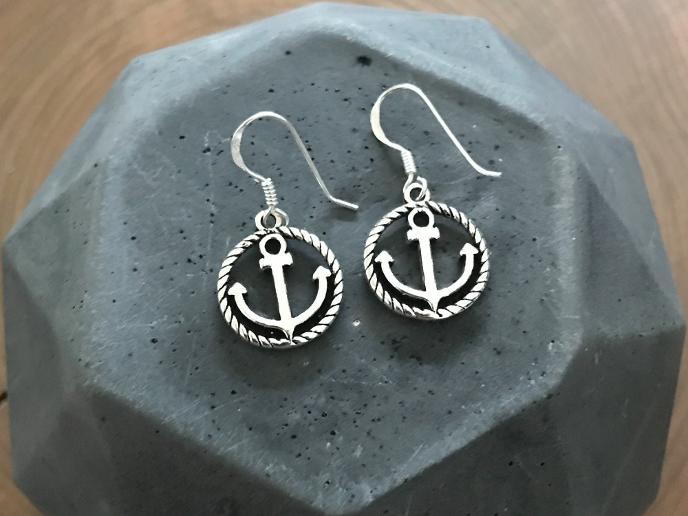 Silver Anchor Earrings, Sterling Silver Dangle Anchor & Rope Earrings 2 Sisters Handcrafted
