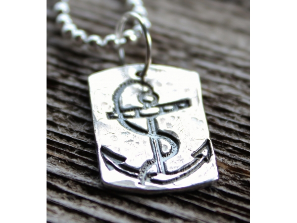Hand stamped, rustic precious silver anchor dog tag personalized and masculine