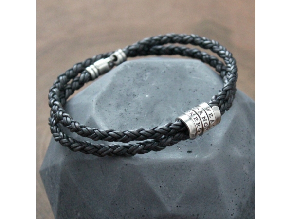 Men's personalized silver and leather bracelet