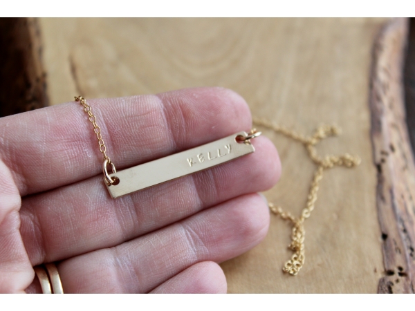 skinny gold bar name necklace