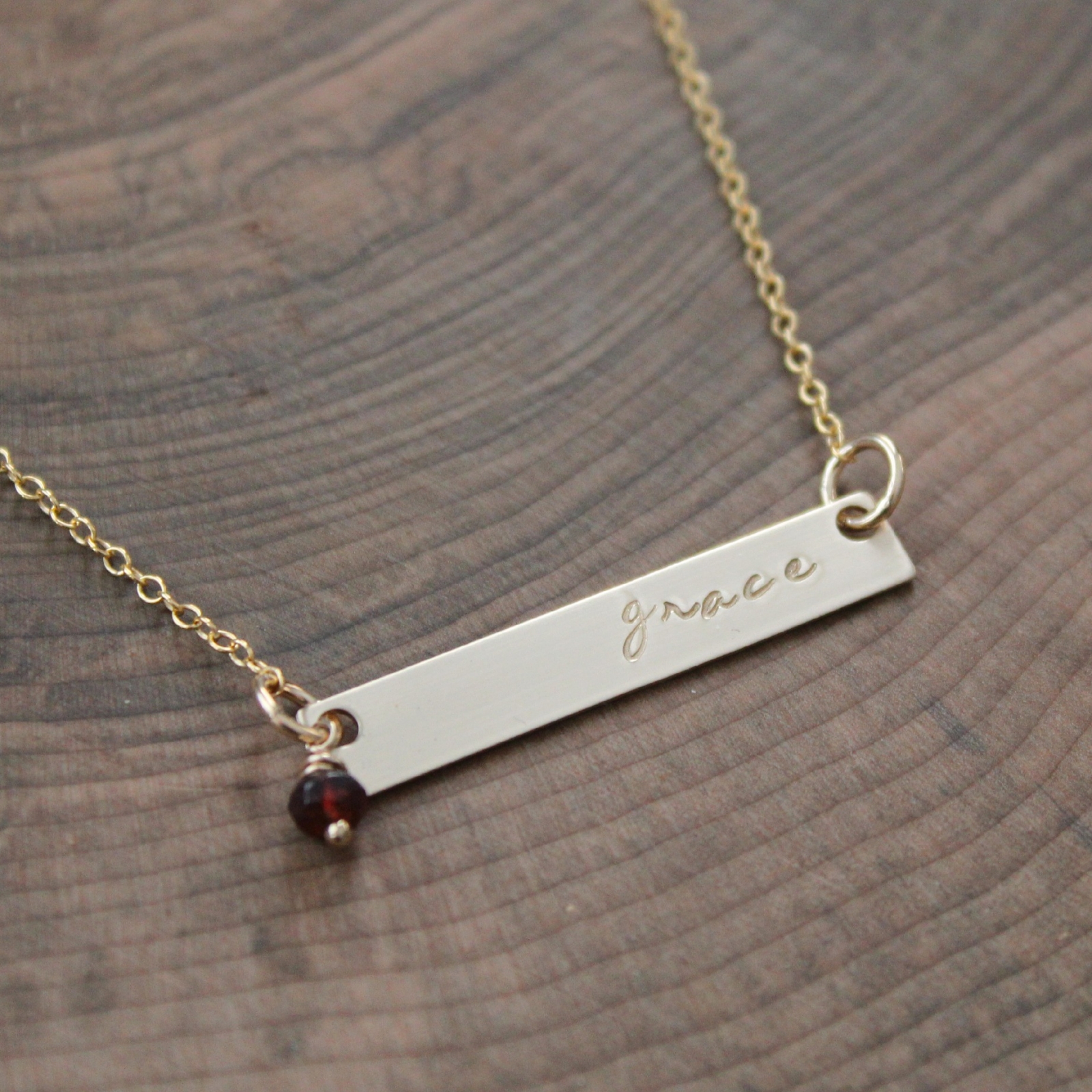 Personalized Gold Bar Necklace With Gemstone, Birthstone Dee 2