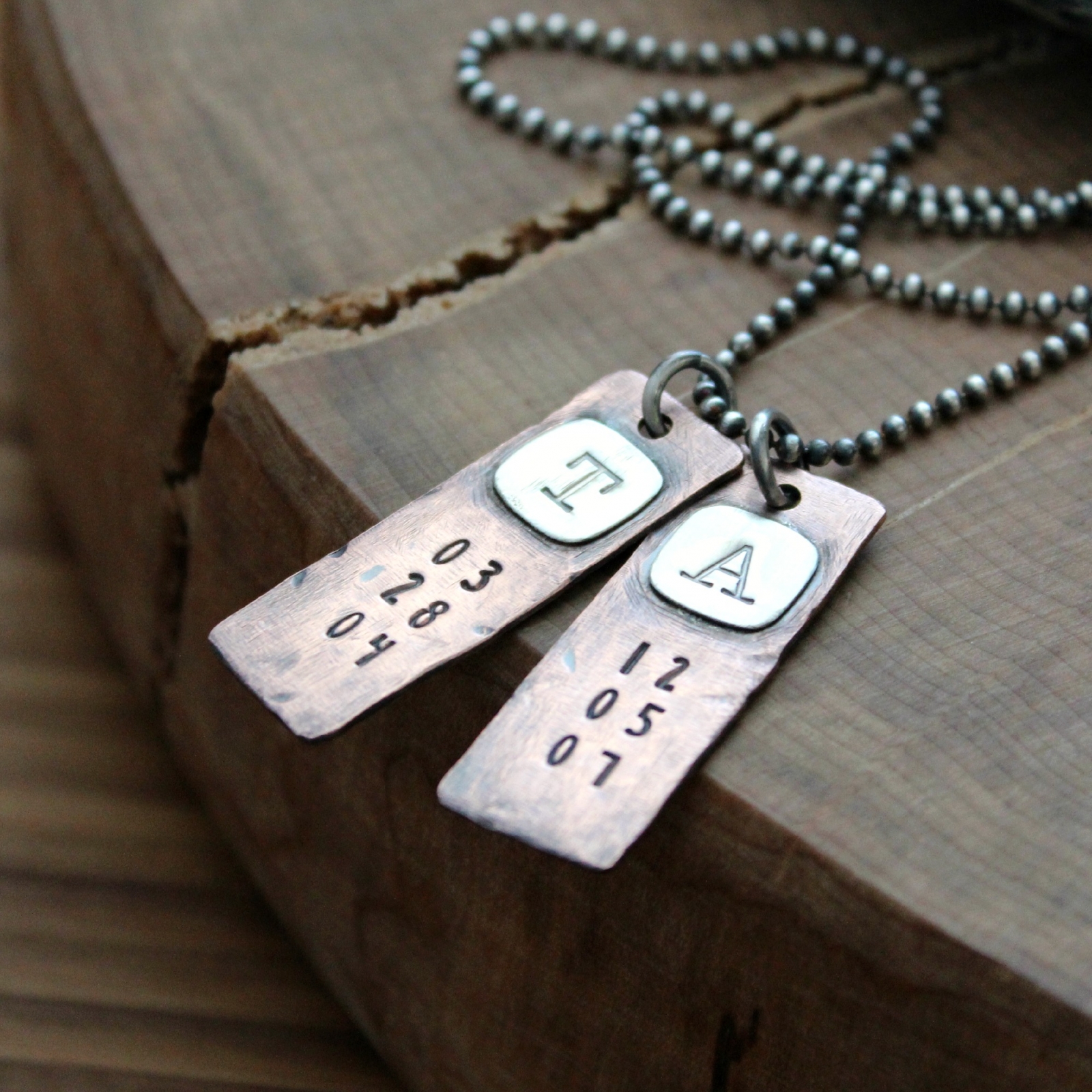 Men's Personalized Silver And Copper Rugged Initial And Date Necklace 2 Sisters Handcrafted