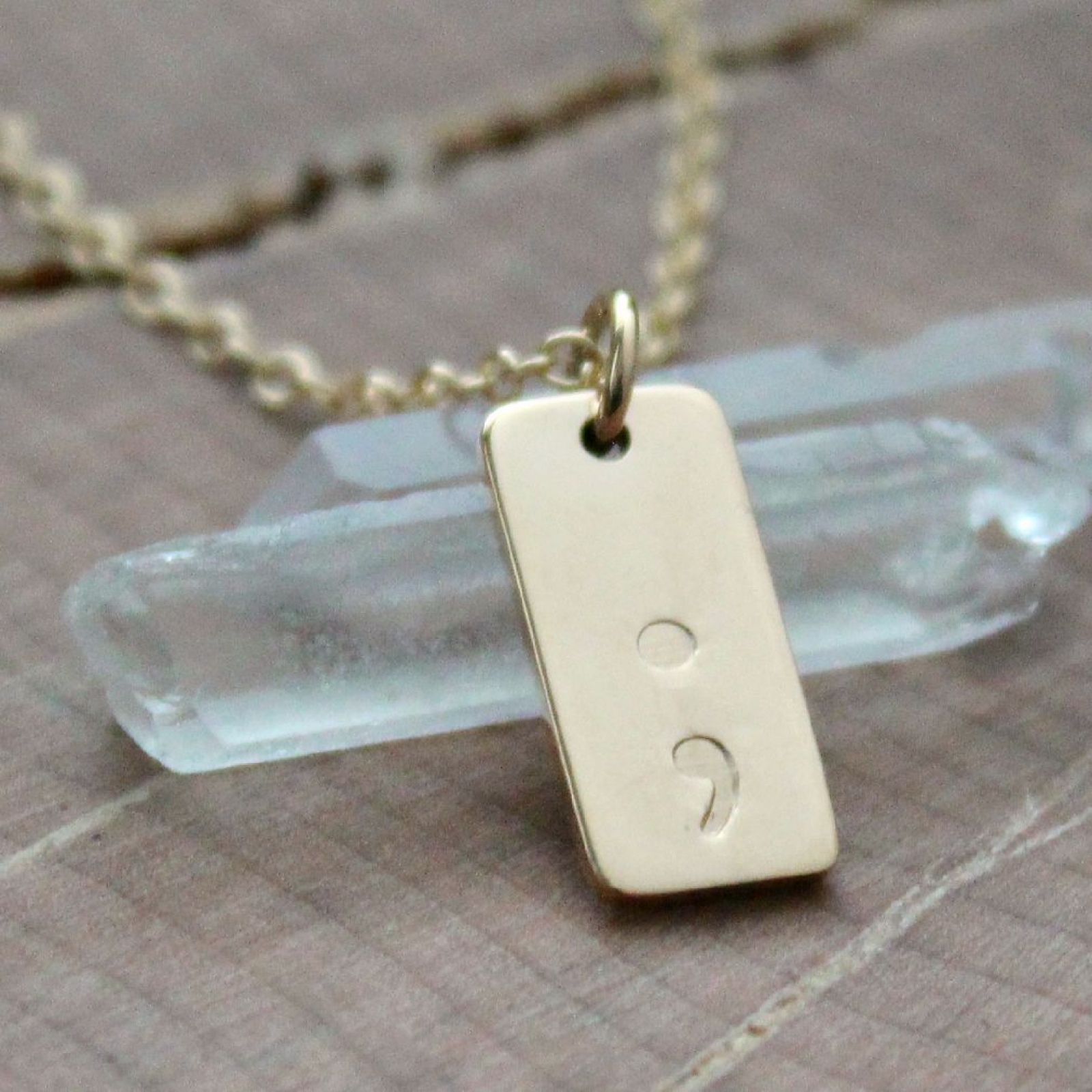 Gold Semi Colon Necklace On Petite Rectangular Tag Layering