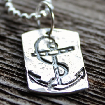 Anchor Precious Silver Unisex Necklace, Recycled Silver Hand Stamped, Worn and Hammered Look - Mens Gift Nautical Necklace