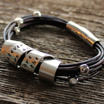 Personalized Silver and Leather Bracelet Hand Stamped With Custom Wide Spinning Message, Unisex Cuff Bracelet