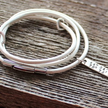 Leather And Silver Wrap Bracelet Longitude And Latitude Personalized- My Heart Is Here