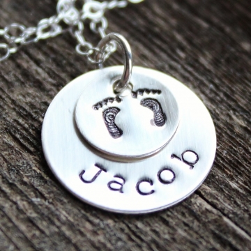 Personalized Silver Necklace, Baby Feet, Name Necklace, Hand stamped, Name Necklace - Lia Necklace
