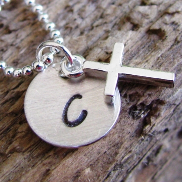 Personalized Initial Necklace- Hand Stamped Silver Cross Necklace- Love and Faith