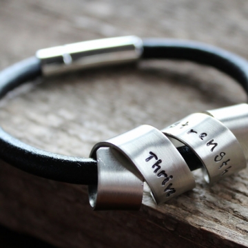 Personalized Secret Message Spinner Bracelet, Leather and Silver Unisex Cuff Bracelet