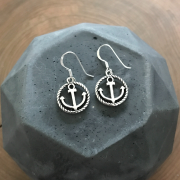 Silver Anchor Earrings, Sterling Silver Dangle Anchor and Rope Nautical Earrings
