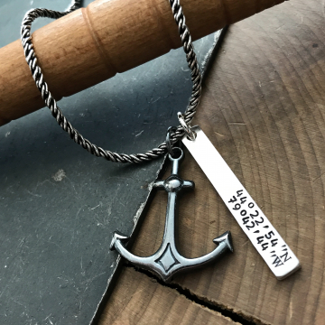 Men's Anchor Necklace, Custom Co-ordinates Necklace, Sterling Silver, Rope and Anchor Necklace,
