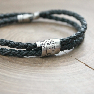 Men's Personalized Bracelet, Leather And Sterling Silver, Secret Message, Men's Cuff - Blair Bracelet
