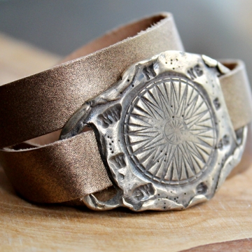 Personalized Golden Bronze & Leather Moral Compass Wrap Bracelet