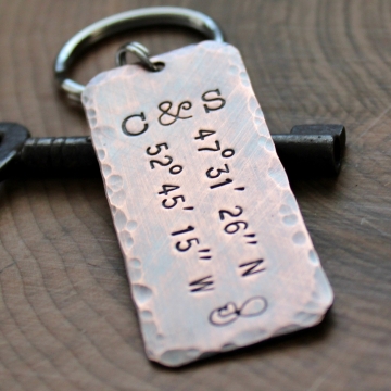 Personalized Copper Keychain, Rustic Coordinates Keychain, Initials And Special Date, Men's gift, Couples Keyring - Infinity Keychain