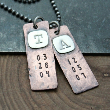 Men's Personalized Silver And Copper Rugged Initial And Date Necklace, Masculine Hand Stamped Tag Necklace - Rob Necklace
