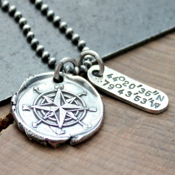 Personalized Coordinates Compass Necklace, Custom Location Necklace, Longitude & Latitude Necklace, Fine Silver Compass Necklace, Men's Necklace, Woman's Necklace