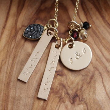 Gold & Diamonds Personalized & Hand Stamped Family Necklace - Names, Dates, Initials, Long & Lat