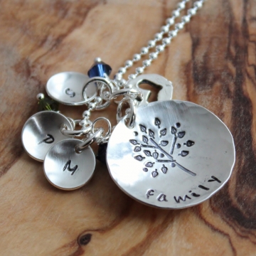 Personalized Family Tree Initial Necklace - Free Form Tree Hand Stamped Silver
