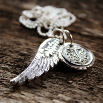 Personalized Fine Silver Angel Wing and Wax Seal Initial Charms - Loving Memories Initial Necklace