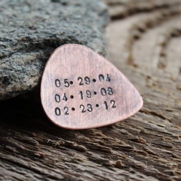Personalized Hand Stamped Guitar Pick In Rustic Copper To Use or Keep as a Token Men's Gift