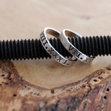 Personalized HIs & Hers or Stacking Roman Numeral Rings - Hand Stamped, Sterling Silver set of 2 - Johnson Rings