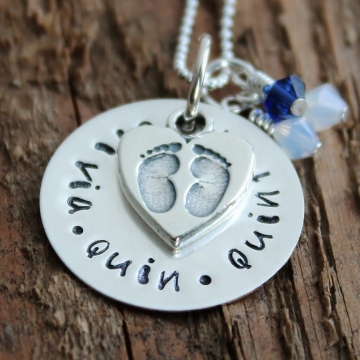 Personalized Lovely Family Necklace - Hand Stamped Sterling Silver - Baby Feet Necklace