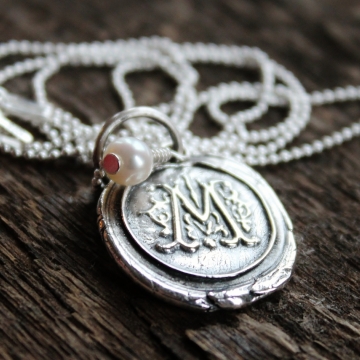 Custom Wax Seal Initial Necklace Personalized in Pure Precious Silver Vintage Inspired