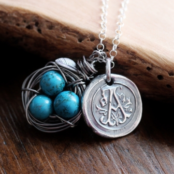 Personalized Wax Seal and Birds Nest Necklace - Vintage Inspired, Boho Style, Monogrammed