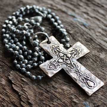 Solid Bronze Rustic Mens Cross Necklace - On Dark Sterling Silver Chain Men's Gift
