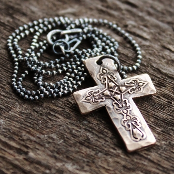 Personalized Solid Bronze Rustic Cross Necklace - On Dark Sterling Silver Chain