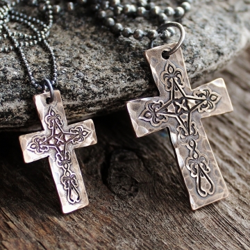 His and Hers Personalized Bronze Cross Necklaces - With Dark Sterling Silver Chains - Rustic Everyday Jewelry