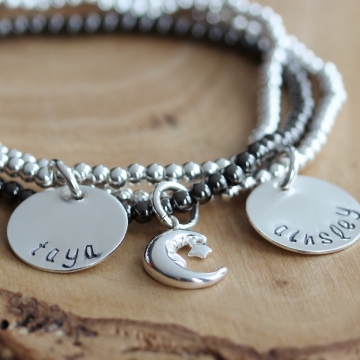 Personalized Silver Name Bracelet Stacking Set- Black & White Hand Stamped - To The Moon & Back Bracelet Set