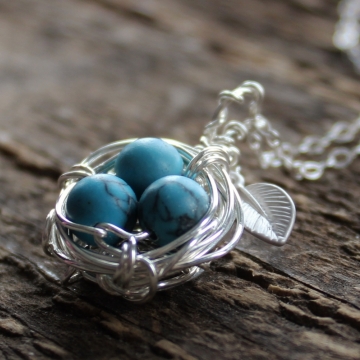 Personalized Silver Bird's Nest Necklace - Turquoise Or Pearl