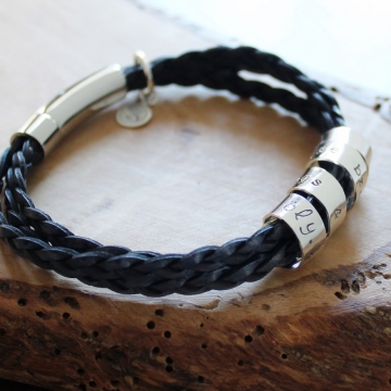 Personalized Secret Spinning Message Bracelet Sterling Silver Braided Leather Band - Ryan Bracelet