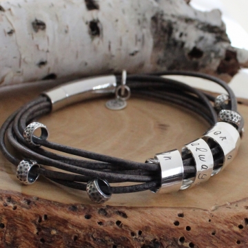 Custom Sterling Silver & Leather Wrap Bracelet with Secret Spinning Message Bar - Jess Bracelet