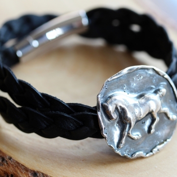 Running Horse Silver & Leather Medallion Bracelet - Strong & Free Spirit Equestrian Bracelet
