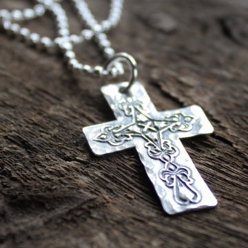Men's Personalized Fine Silver Rustic Cross Necklace Men's Gift