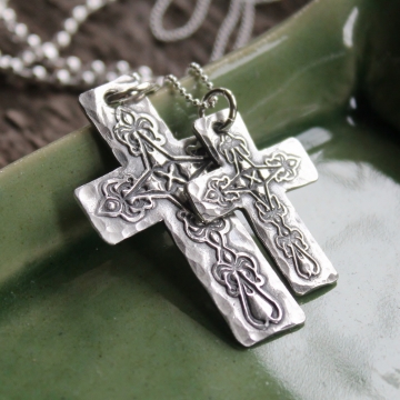His & Hers Personalized Silver Cross Necklace Set - Rustic Everyday Faith Set
