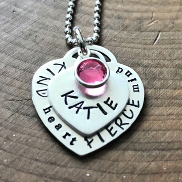 Personalized Sterling Silver Heart Necklace, Name Birthstone and Inspirational Message - Katie Necklace