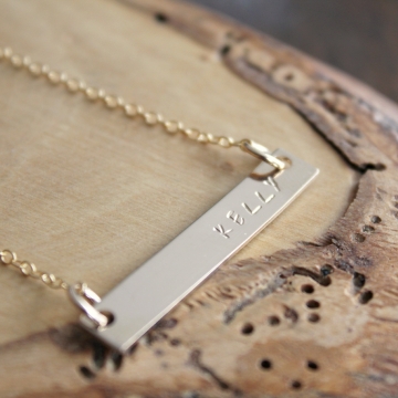 Kelly Necklace, Personalized Thick 14k Gold Bar Name Necklace, Hand Stamped Skinny Bar,