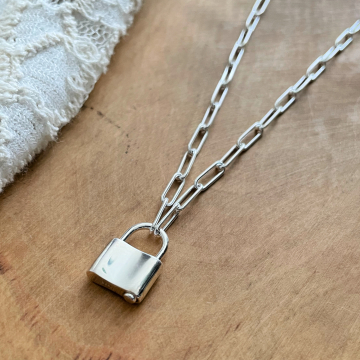 Long Sterling Silver Paperclip Chain with Padlock Clasp - Olivia Necklace