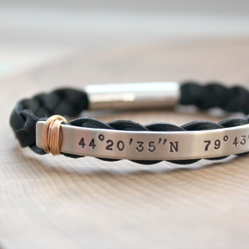 Men's Personalized Silver And Leather Longitude And Latitude Bracelet With Masculine Bronze Accent - John Bracelet