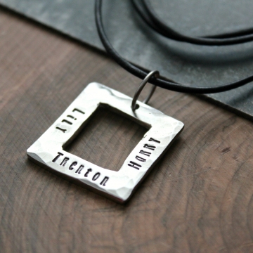 Men's Personalized Leather and Pewter Necklace, Masculine Square Necklace, Men's Gift, Hand Stamped Necklace - Shawn Necklace