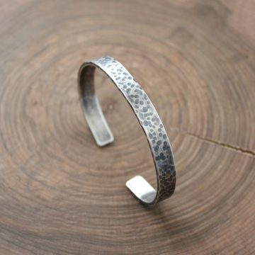 Men's Personalized Thick Silver Cuff Bracelet, Hand Stamped Custom Hidden Message, Hammered & Rustic Texture - Ed Bracelet