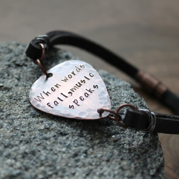 Men's Personalized Rustic Guitar Pick Bracelet on Leather and Copper, Vintage Inspired - When Words Fail, Music Speaks
