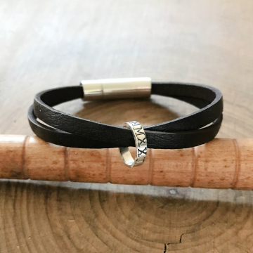 Personalized Men's Ring Bracelet, Custom Rugged Leather and Silver Bracelet - Landon Bracelet