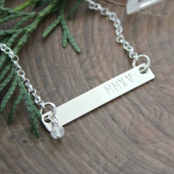 Sterling Silver Personalized Bar Necklace, Hand Stamped Custom ID Necklace, Name And Birthstone Necklace, Roman Numeral Necklace - Supernatural Necklace