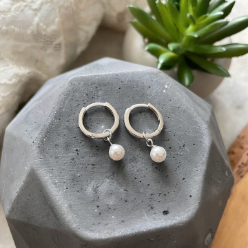 Sterling Silver and Pearl Hoop Earrings - Hug Earrings