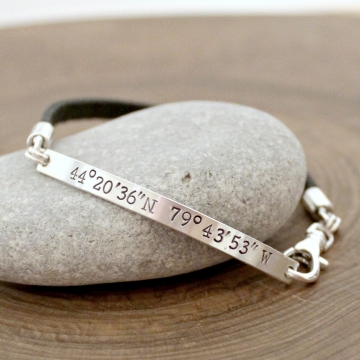 Personalized Coordinates Bracelet, Sterling Silver And Leather - Quinn Bracelet